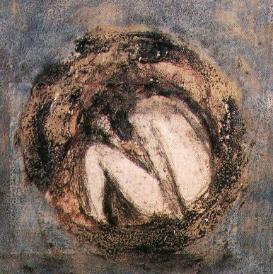 La noche descalza. Mixta/collage/tela. 27x27 cm. 2001.